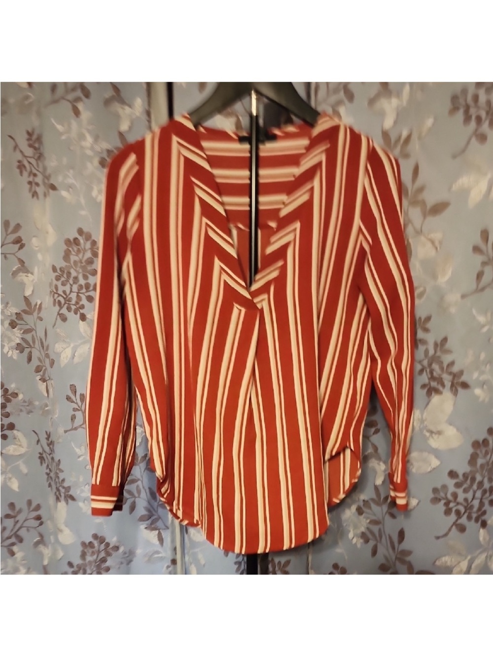 Forever 21 Rust Red and Cream Vertical Stripe V-Neck Blouse